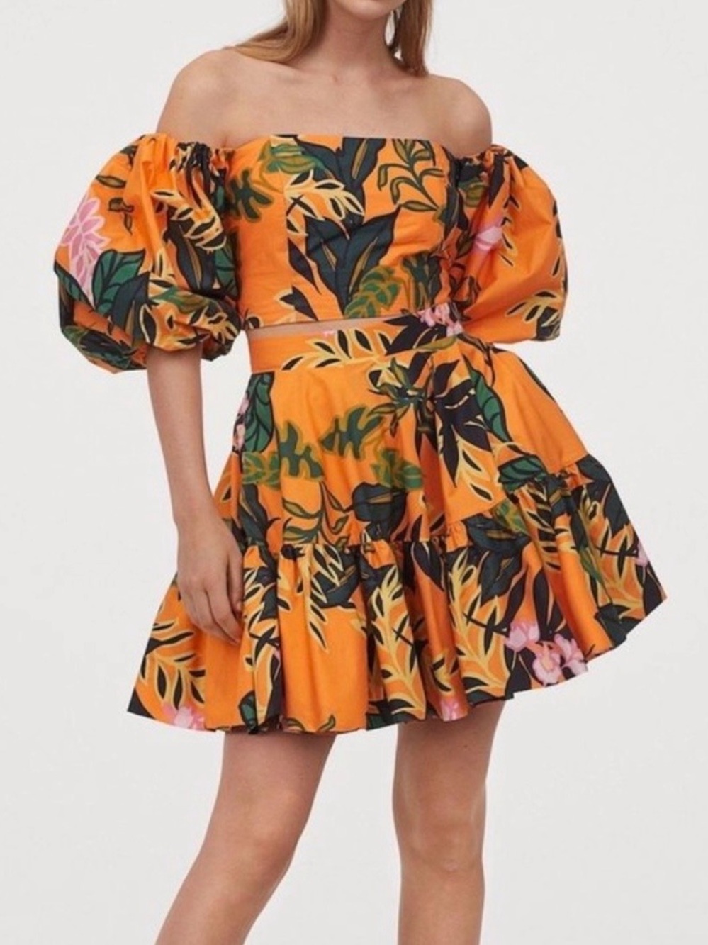 NWT H&M Orange Floral Off-Shoulder Top & Tiered Skirt Set